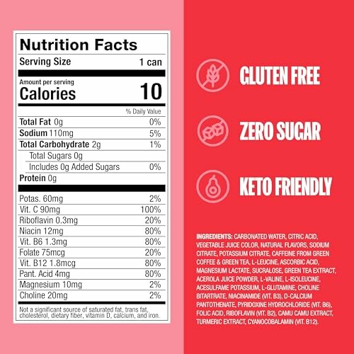 Nutrition facts label for a ZOA Zero Sugar Energy Drink, gluten free, zero sugar, keto friendly.