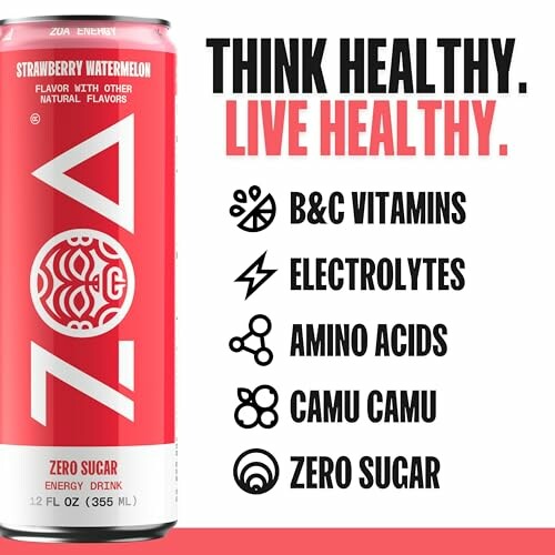 ZOA energy drink can with health benefits listed.