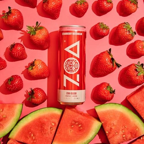 ZOA energy drink can with strawberries and watermelon slices.